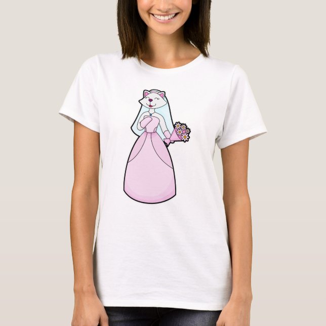 Cat as Bride with Bunch of Flowers T-Shirt (Front)