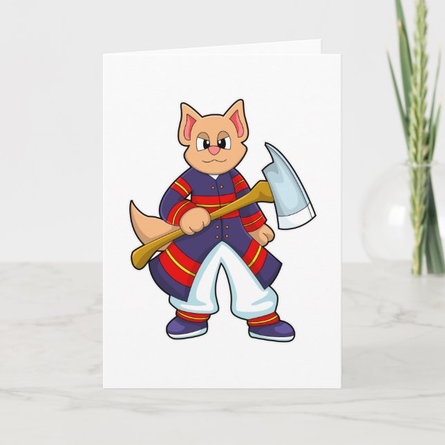 Cat as Firefighter at Fire department with Axe Card (Front)