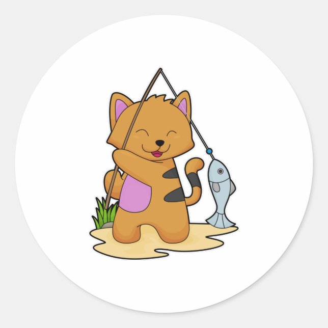 Cat as Fisher with Fishing rod & Fish Classic Round Sticker (Front)