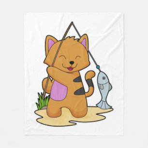 Cat as Fisher with Fishing rod & Fish Fleece Blanket