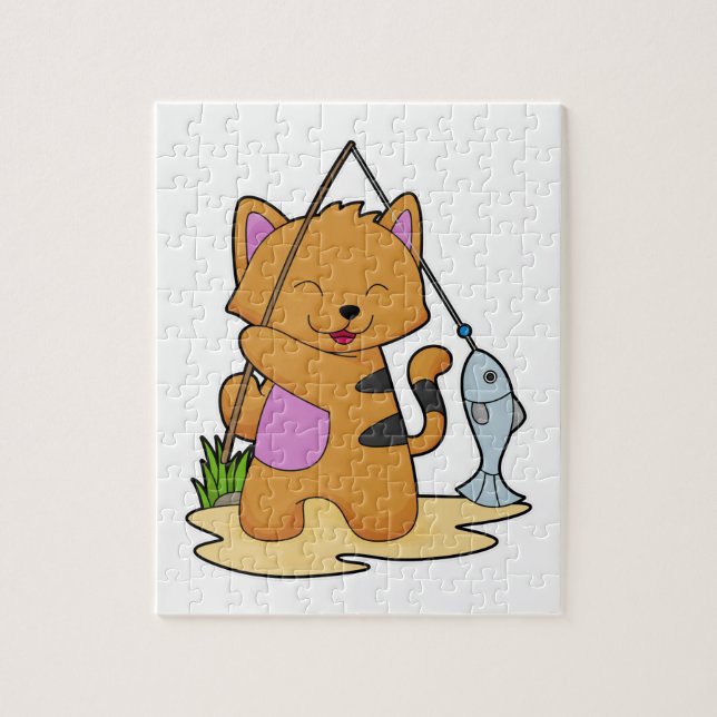 Cat as Fisher with Fishing rod & Fish Jigsaw Puzzle (Vertical)