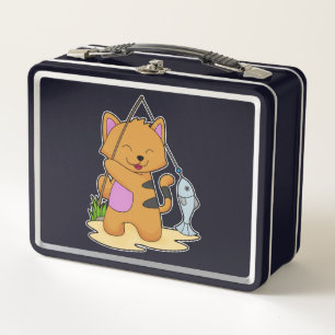 Cat as Fisher with Fishing rod & Fish Metal Lunch Box