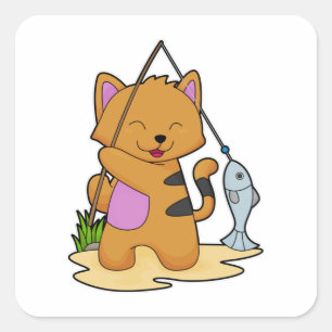 Cat as Fisher with Fishing rod & Fish Square Sticker