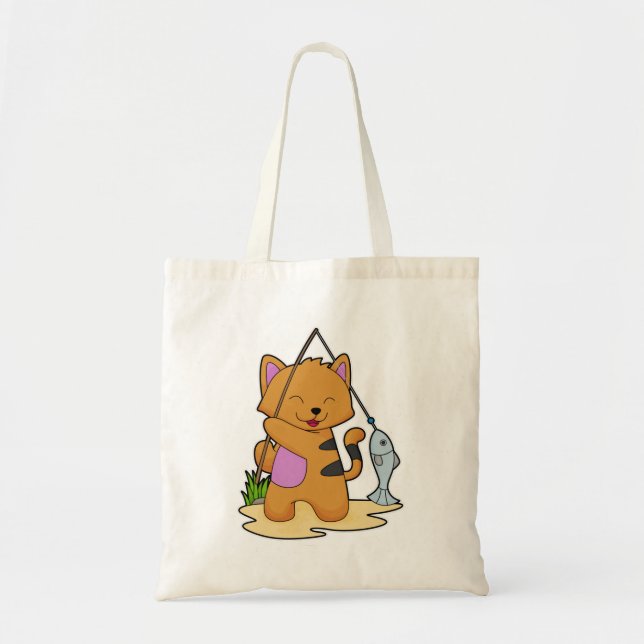 Cat as Fisher with Fishing rod & Fish Tote Bag (Front)