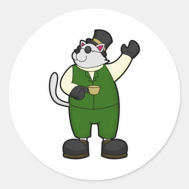 Cat as Groom with Coffee & Hat Classic Round Sticker (Front)