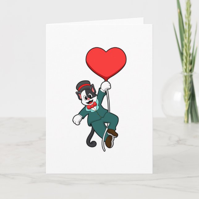 Cat as Groom with Heart Balloon Card (Front)