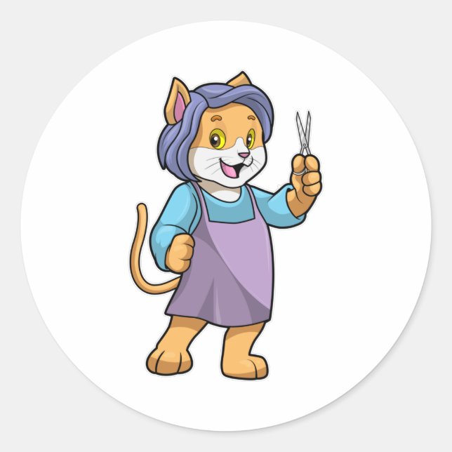 Cat as Hairdresser with Scissors Classic Round Sticker (Front)