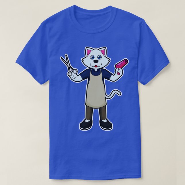 Cat as Hairdresser with Scissors Hair dryer 2 T-Shirt (Design Front)