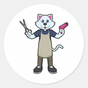 Cat as Hairdresser with Scissors & Hair dryer Classic Round Sticker
