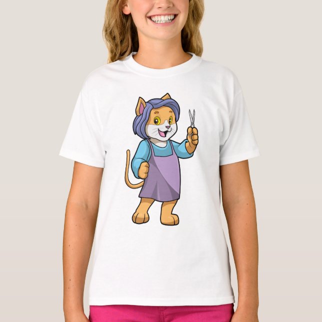 Cat as Hairdresser with Scissors T-Shirt (Front)