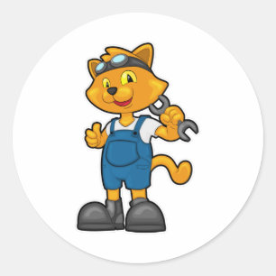 Cat as Mechanic with Spanner Classic Round Sticker
