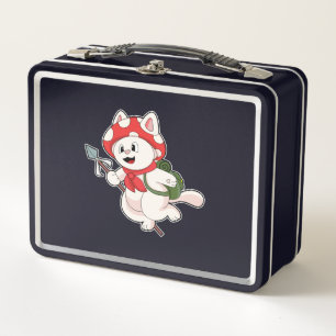 Cat as Mushroom picker with Mushroom Metal Lunch Box