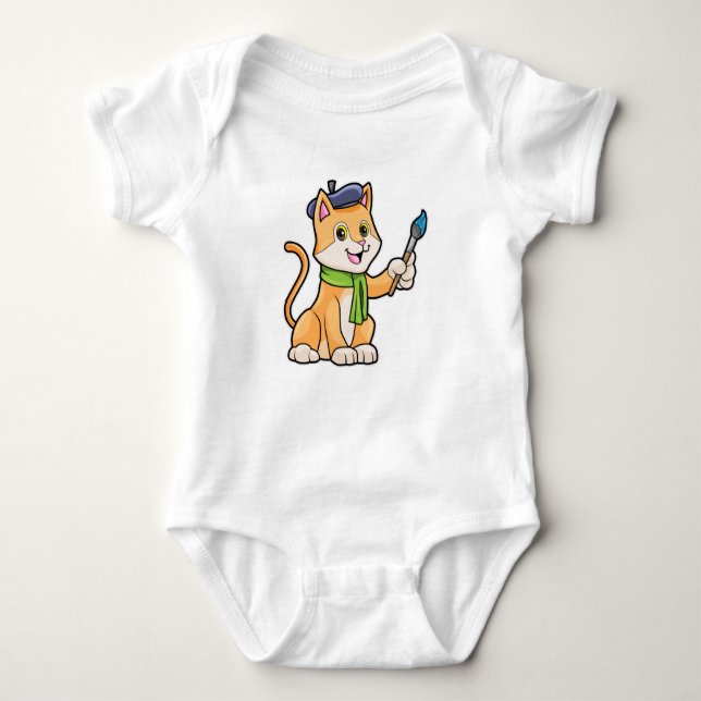 Cat as Painter with Brush & Scarf Baby Bodysuit (Front)
