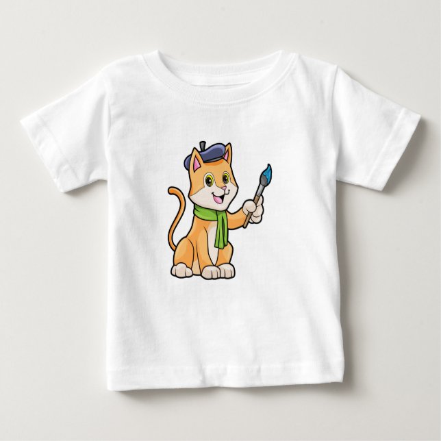 Cat as Painter with Brush & Scarf Baby T-Shirt (Front)