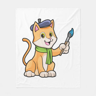 Cat as Painter with Brush & Scarf Fleece Blanket