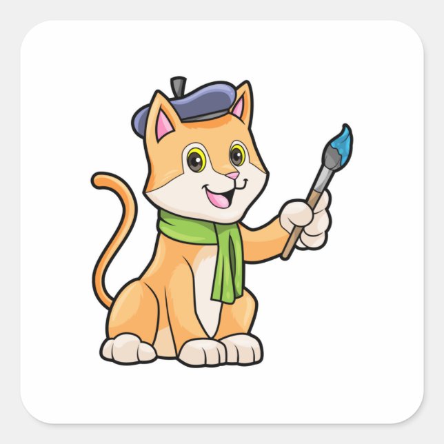 Cat as Painter with Brush & Scarf Square Sticker (Front)