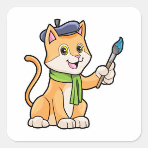 Cat as Painter with Brush & Scarf Square Sticker