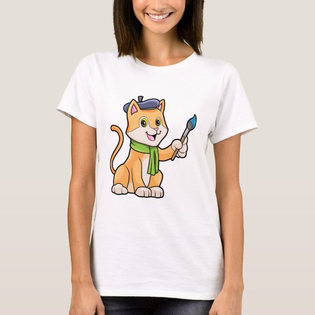 Cat as Painter with Brush & Scarf T-Shirt (Front)