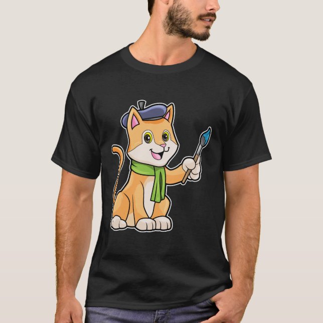 Cat as Painter with Brush & Scarf T-Shirt (Front)