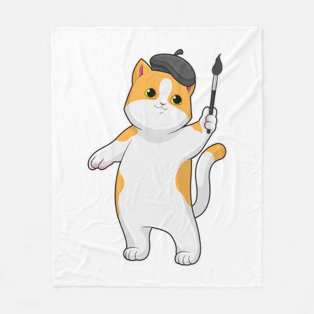 Cat as Painter with Paint brush Fleece Blanket (Front)
