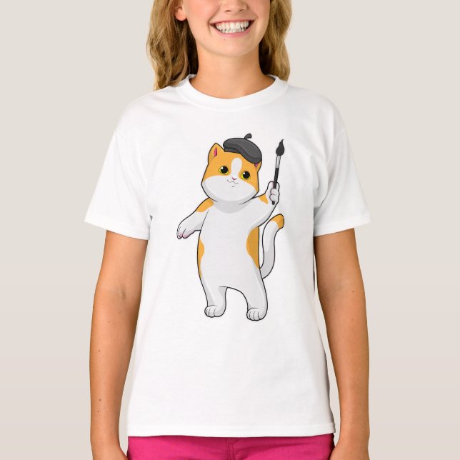 Cat as Painter with Paint brush T-Shirt (Front)