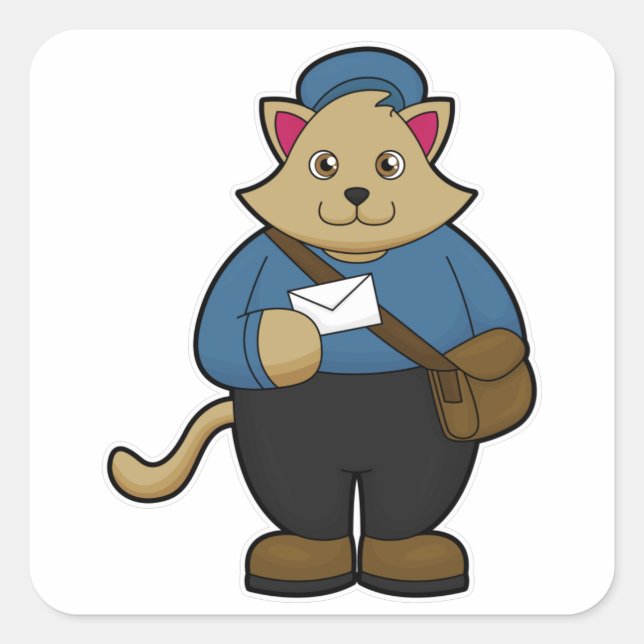 Cat as Postman with Envelope & Bag Square Sticker (Front)