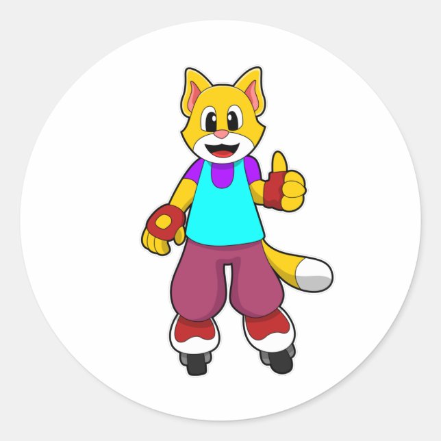 Cat as Skater with Inline skates Classic Round Sticker (Front)