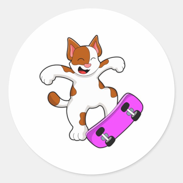 Cat as Skater with Skateboard Classic Round Sticker (Front)