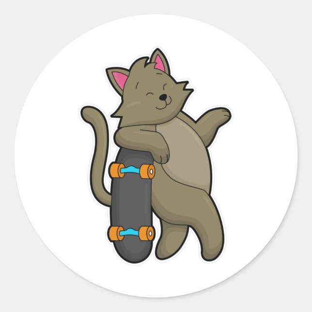 Cat as Skater with Skateboard Classic Round Sticker (Front)
