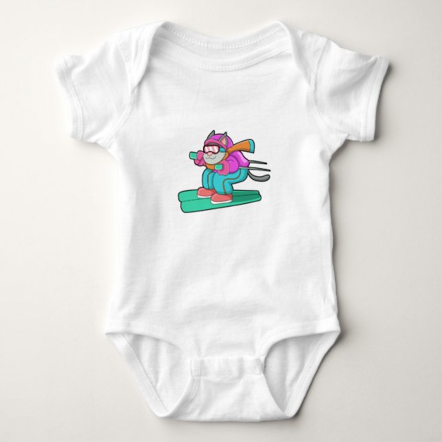 Cat as Ski jumper with Ski & Ski goggles Baby Bodysuit (Front)