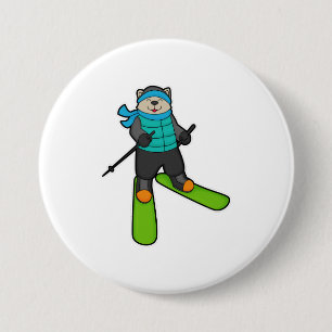 Cat as Skier with Ski 7.5 Cm Round Badge