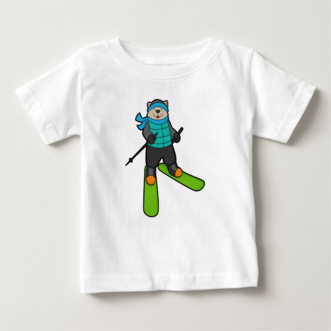 Cat as Skier with Ski Baby T-Shirt (Front)