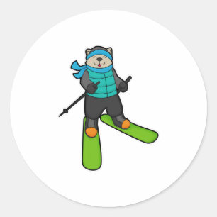 Cat as Skier with Ski Classic Round Sticker