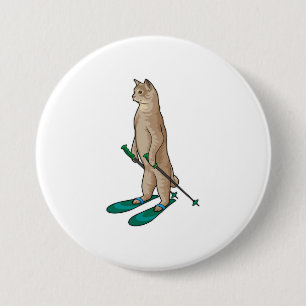 Cat as Skier with Ski & Ski poles 7.5 Cm Round Badge