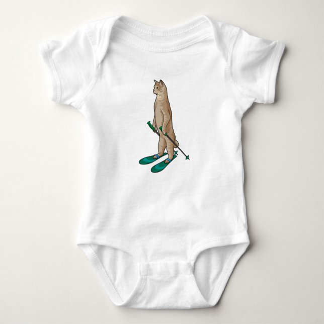Cat as Skier with Ski & Ski poles Baby Bodysuit (Front)