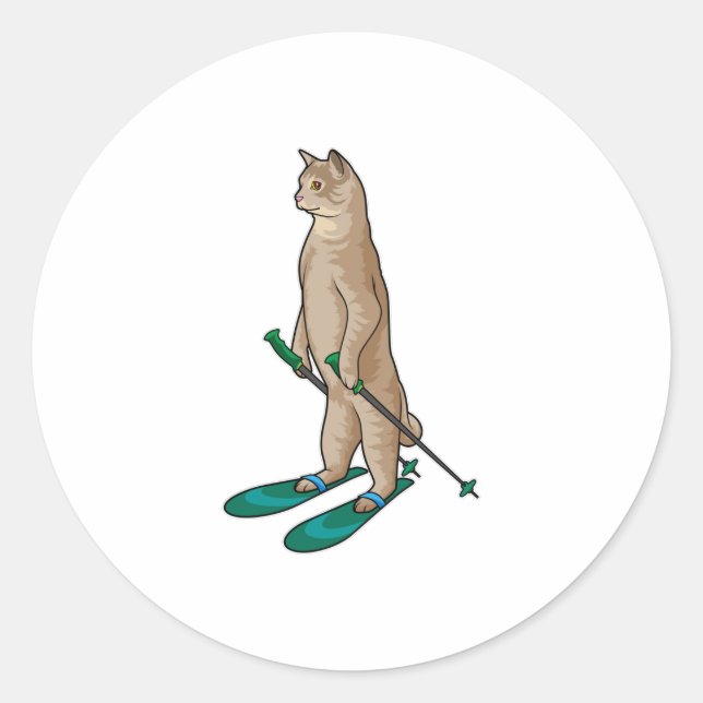 Cat as Skier with Ski & Ski poles Classic Round Sticker (Front)