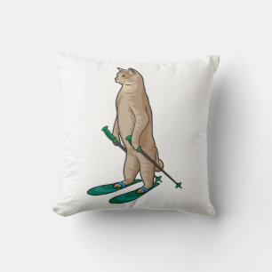 Cat as Skier with Ski & Ski poles Cushion