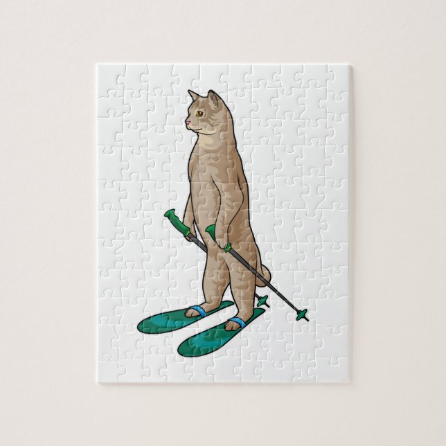 Cat as Skier with Ski & Ski poles Jigsaw Puzzle (Vertical)