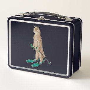 Cat as Skier with Ski & Ski poles Metal Lunch Box