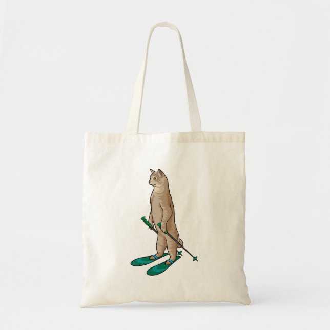 Cat as Skier with Ski & Ski poles Tote Bag (Front)