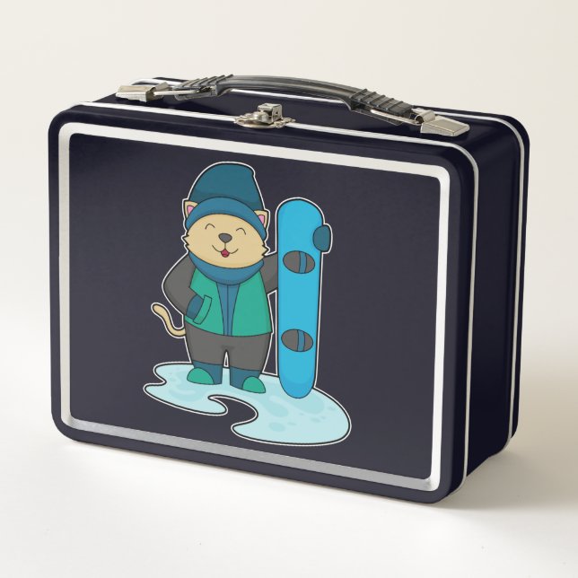Cat as Snowboarder with Snowboard Metal Lunch Box (Front)