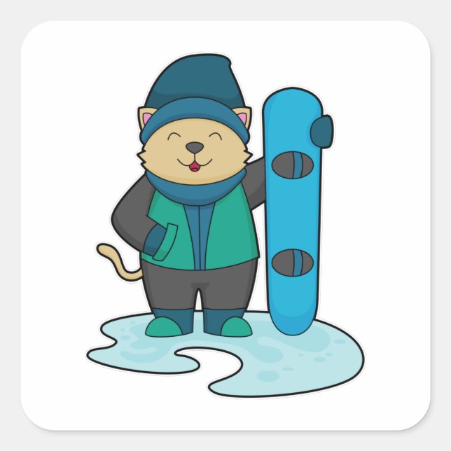 Cat as Snowboarder with Snowboard Square Sticker (Front)