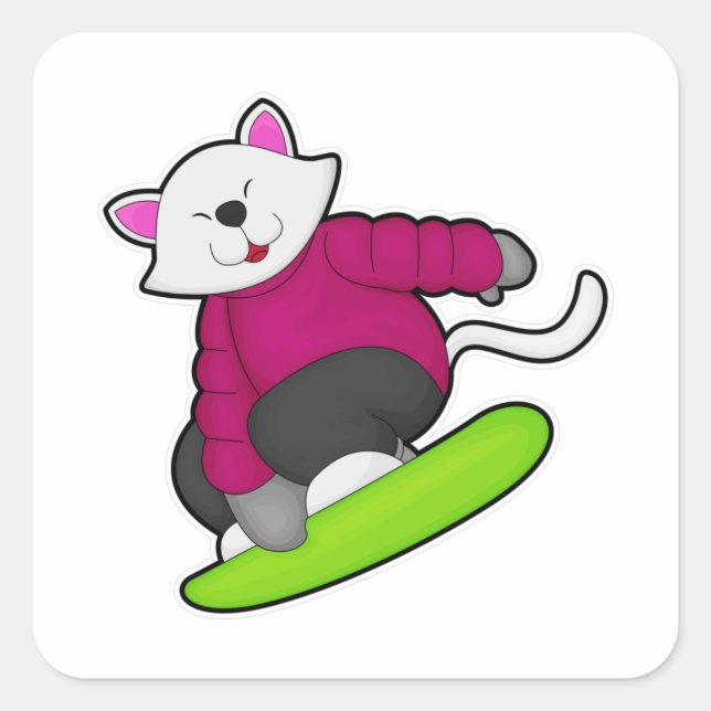 Cat as Snowboarder with Snowboard Square Sticker (Front)