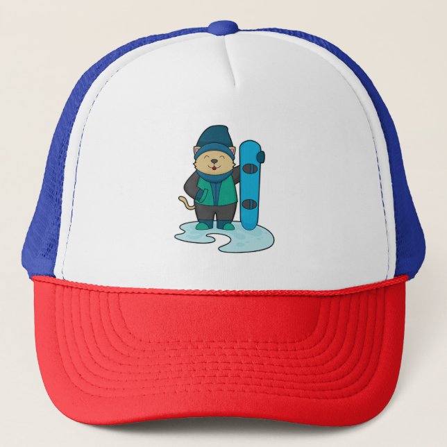 Cat as Snowboarder with Snowboard Trucker Hat (Front)