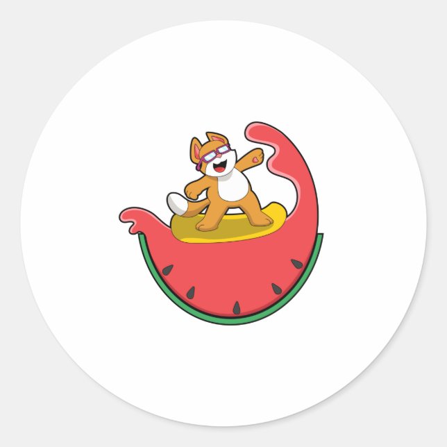 Cat as Surfer with Watermelon Classic Round Sticker (Front)