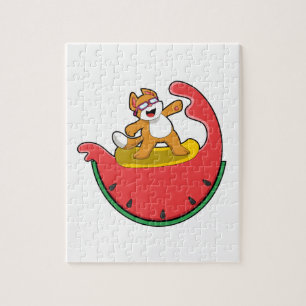 Cat as Surfer with Watermelon Jigsaw Puzzle