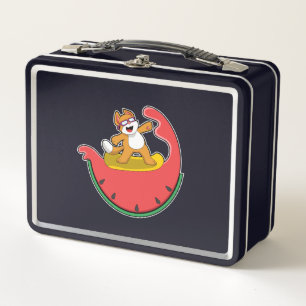 Cat as Surfer with Watermelon Metal Lunch Box