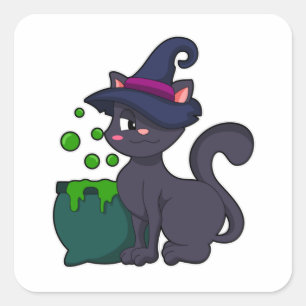 Cat as Witch with Cauldron Square Sticker
