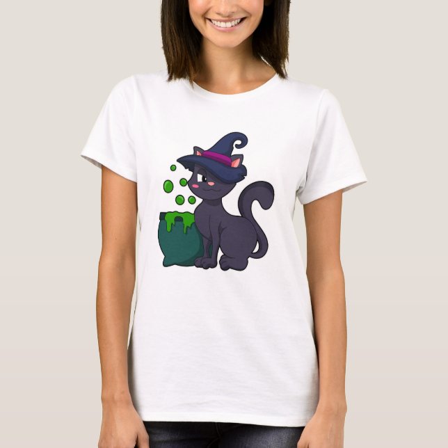 Cat as Witch with Cauldron T-Shirt (Front)