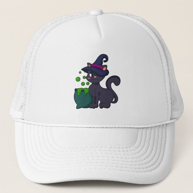 Cat as Witch with Cauldron Trucker Hat (Front)